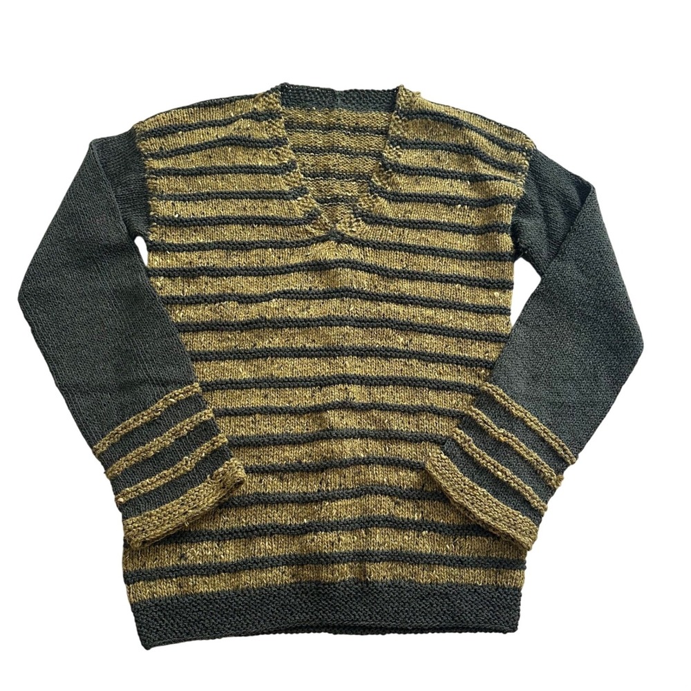 Handmade Striped Chunky Knit Sweater Olive Green Mustard Gold Wool Blend Boho